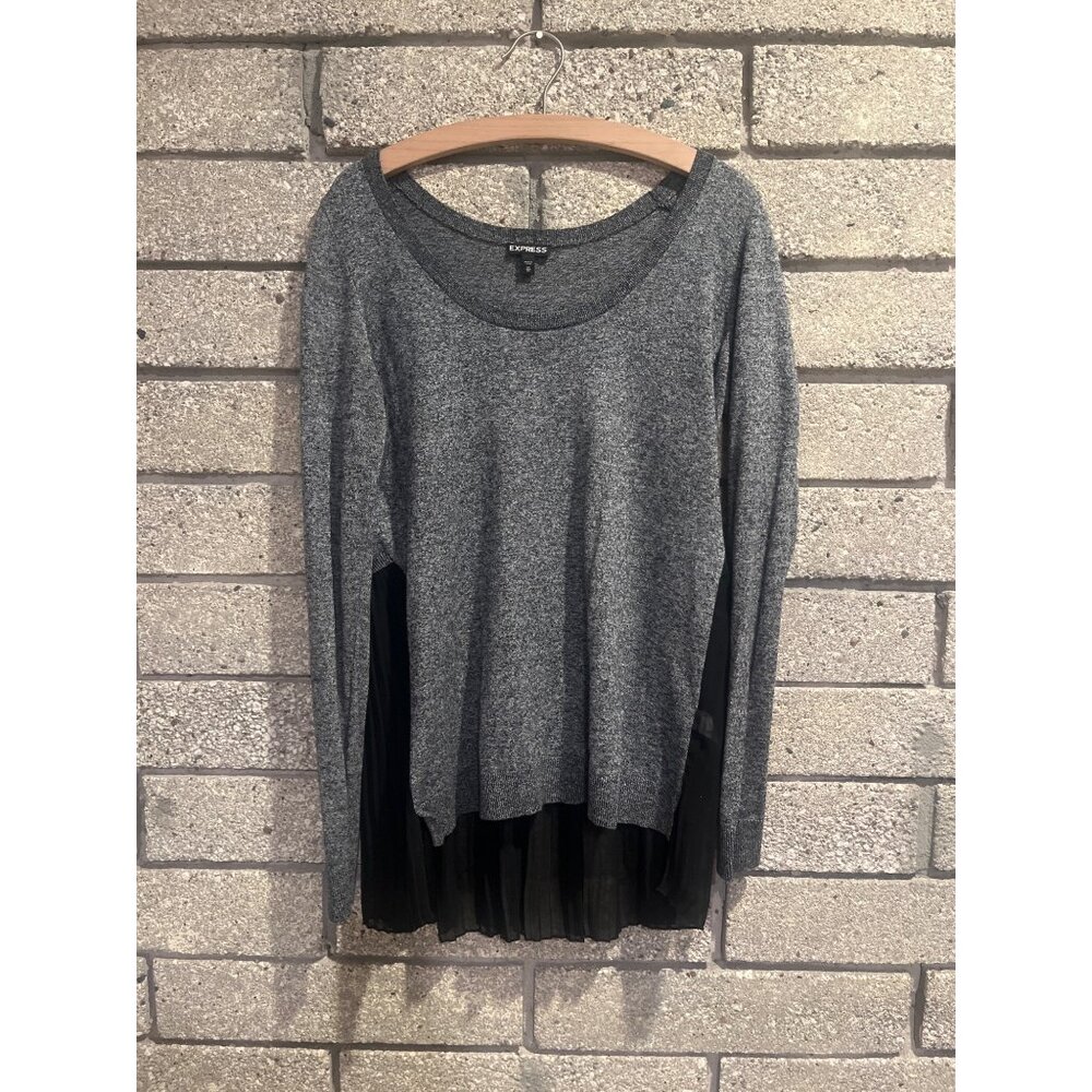 Express Gray Knit Top With Black Sheer Pleated Hemline Long Sleeves Womens M